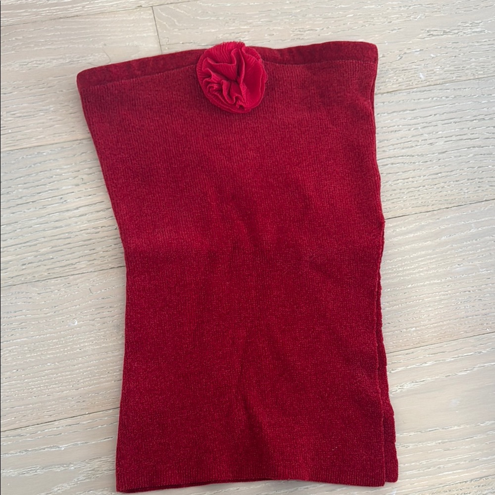 With Jean Red Knit Tube Top with Flower Accent